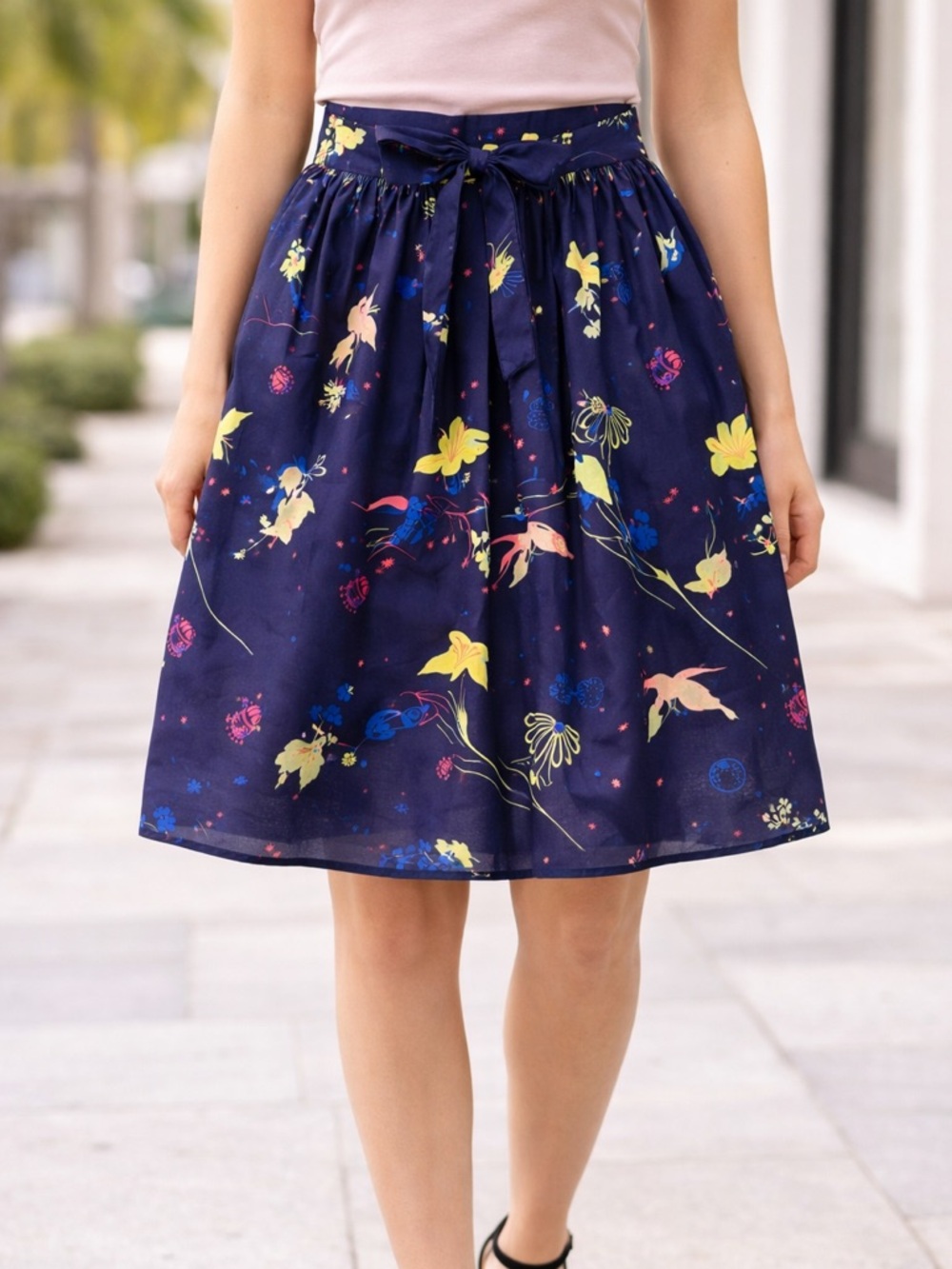ModCloth Dinosaur Space Print Pleated Skirt Size 12 Tie Waist Navy Novelty